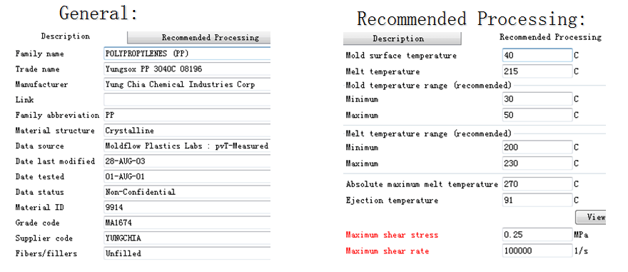 Plastic material information for moldflow